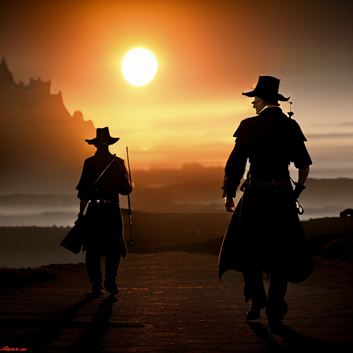 Holmes and Bilbo, silhouetted against the setting sun, leave the dragon’s lair, embarking on their dangerous mission, with a foreboding sense of adventure enveloping the scene.